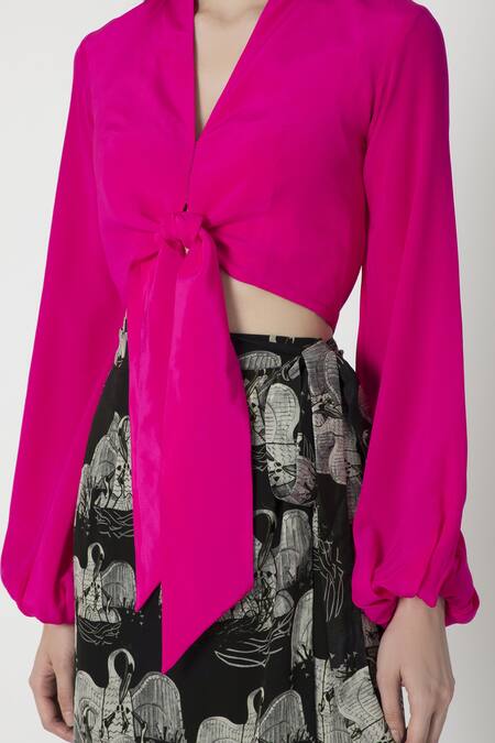 Masaba_Black Crepe Temple Swan Print Skirt Set_Online_at_Aza_Fashions