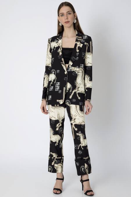 Masaba Black Crepe Stallion Print Blazer Set