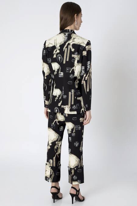 Shop Masaba Black Crepe Stallion Print Blazer Set at Aza Fashions Shop_Masaba_Black Crepe Stallion Print Blazer Set_at_Aza_Fashions