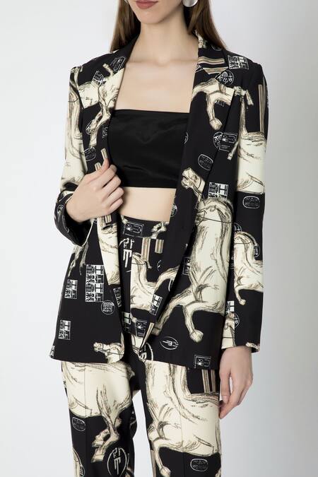 Masaba Black Crepe Stallion Print Blazer Set Online at Aza Fashions Masaba_Black Crepe Stallion Print Blazer Set_Online_at_Aza_Fashions