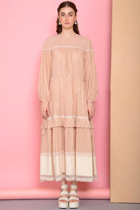 Sahil Kochhar_Beige Cotton Round Striped Midi Dress _Online_at_Aza_Fashions