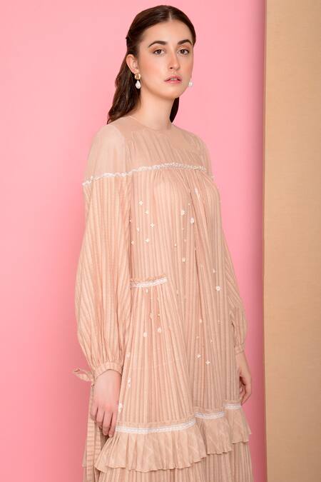 Buy_Sahil Kochhar_Beige Cotton Round Striped Midi Dress _Online_at_Aza_Fashions