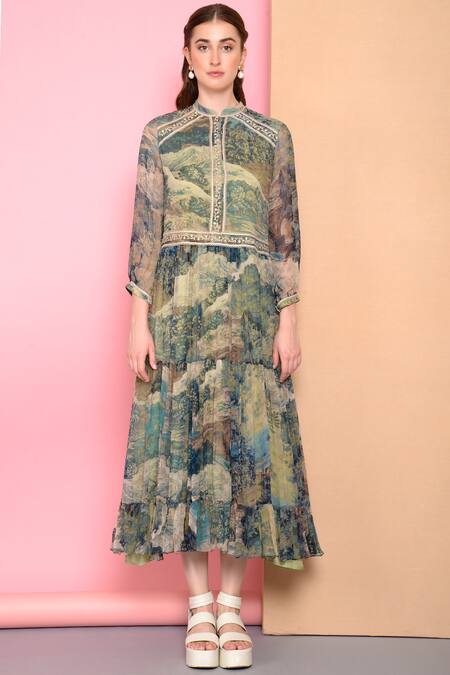 Buy_Sahil Kochhar_Multi Color Bamberg Chiffon Band Collar Printed Tiered Dress_Online_at_Aza_Fashions