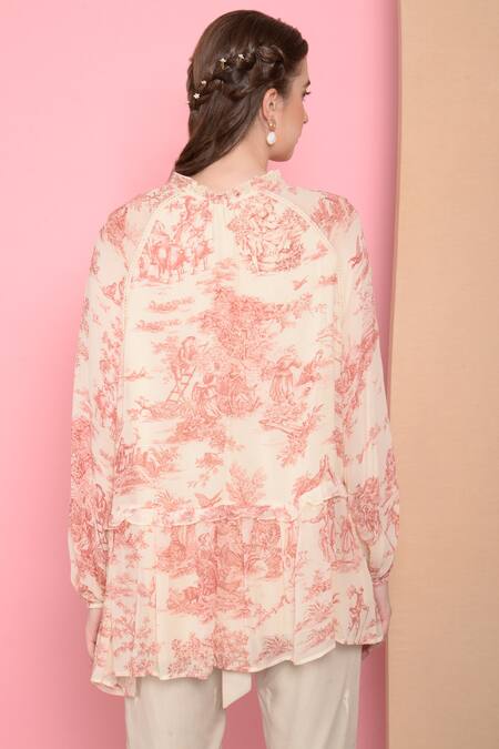 Buy_Sahil Kochhar_White Viscose Georgette Round Printed Flared Top_Online_at_Aza_Fashions