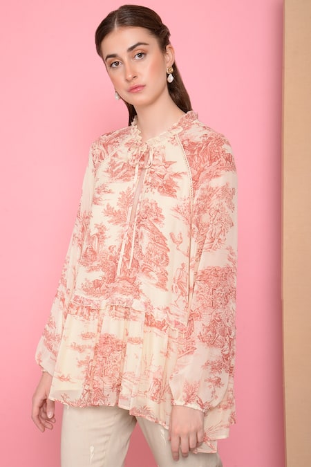 Shop_Sahil Kochhar_White Viscose Georgette Round Printed Flared Top_Online_at_Aza_Fashions