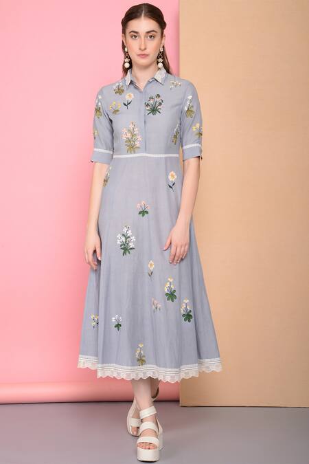 Sahil Kochhar_Blue Viscose Voile Shirt Collar Embroidered Dress_Online_at_Aza_Fashions