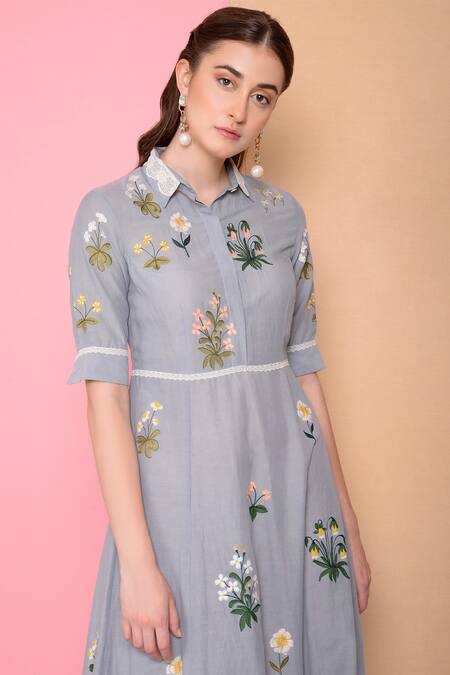 Buy_Sahil Kochhar_Blue Viscose Voile Shirt Collar Embroidered Dress_Online_at_Aza_Fashions