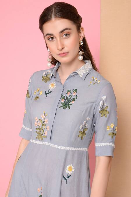Shop_Sahil Kochhar_Blue Viscose Voile Shirt Collar Embroidered Dress_Online_at_Aza_Fashions