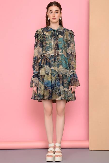 Sahil Kochhar_Multi Color Bemberg Flat Chiffon Shirt Collar Printed Dress_Online_at_Aza_Fashions