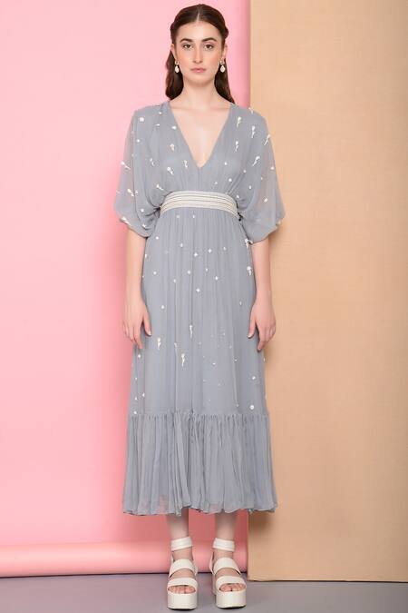 Sahil Kochhar_Blue Bemberg Chiffon Plunge Neck Embellished Midi Dress_Online_at_Aza_Fashions