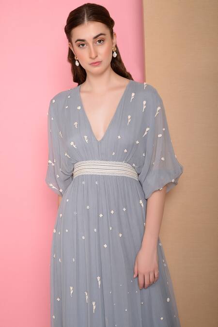Shop_Sahil Kochhar_Blue Bemberg Chiffon Plunge Neck Embellished Midi Dress_Online_at_Aza_Fashions