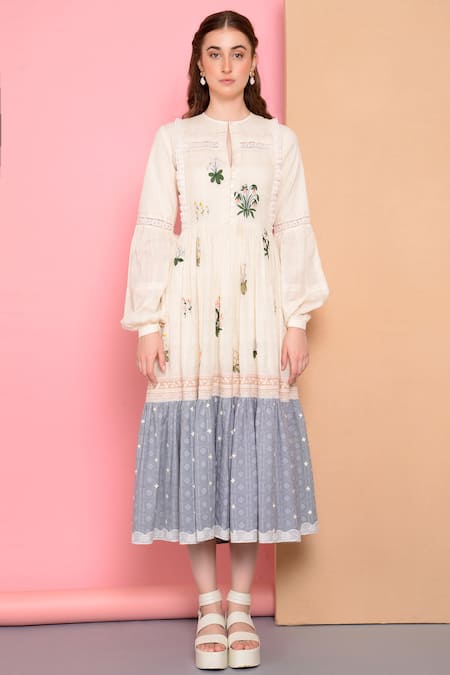Sahil Kochhar_White Cotton Round Embroidered Midi Dress_Online_at_Aza_Fashions