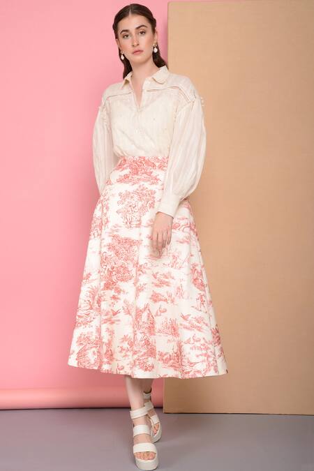 Sahil Kochhar_White Cotton Satin Printed Skirt_Online_at_Aza_Fashions