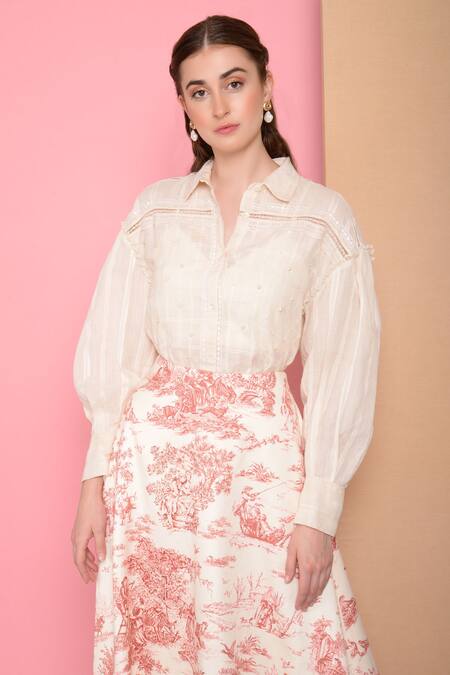 Shop_Sahil Kochhar_White Cotton Satin Printed Skirt_Online_at_Aza_Fashions