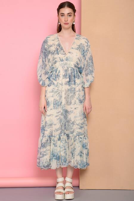 Sahil Kochhar_White Bemberg Chiffon V Neck Printed Midi Dress_Online_at_Aza_Fashions