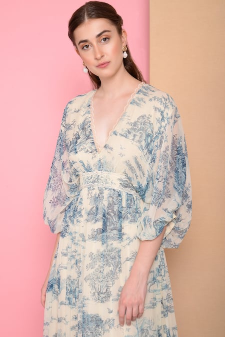 Buy_Sahil Kochhar_White Bemberg Chiffon V Neck Printed Midi Dress_Online_at_Aza_Fashions