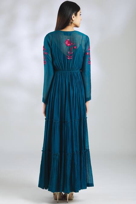 Shop Half Full Curve Blue Handloom Chanderi Maxi Dress at Aza Fashions Shop_Half Full Curve_Blue Handloom Chanderi Maxi Dress_at_Aza_Fashions