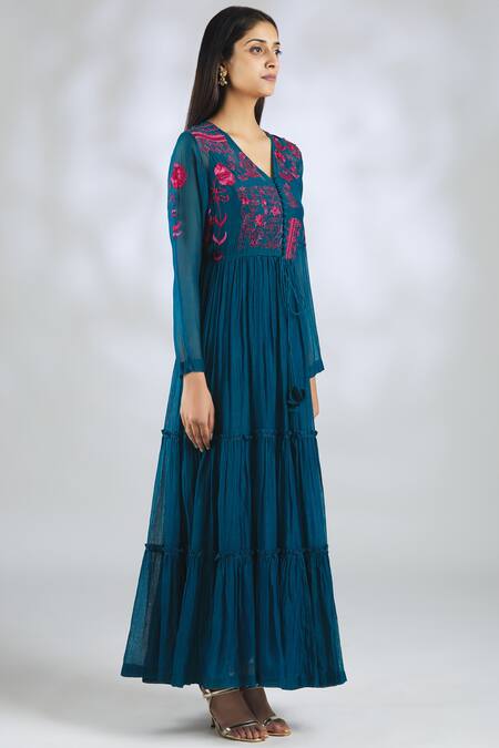 Half Full Curve Blue Handloom Chanderi Maxi Dress Online at Aza Fashions Half Full Curve_Blue Handloom Chanderi Maxi Dress_Online_at_Aza_Fashions