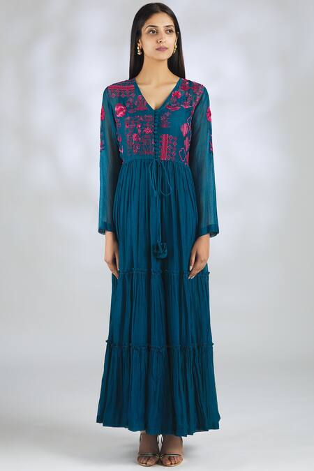 Buy Half Full Curve Blue Handloom Chanderi Maxi Dress Online at Aza Fashions Buy_Half Full Curve_Blue Handloom Chanderi Maxi Dress_Online_at_Aza_Fashions
