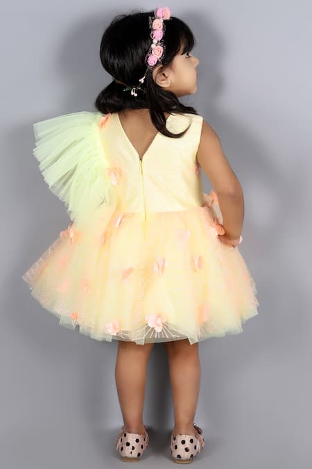 Janyas Closet_Yellow 3d Embroidered Glitter Fabric Embellished Floral Dress _Online_at_Aza_Fashions