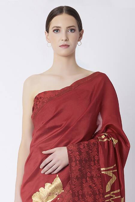 Masaba_Red Printed Chanderi Saree With Unstitched Blouse Fabric_Online_at_Aza_Fashions