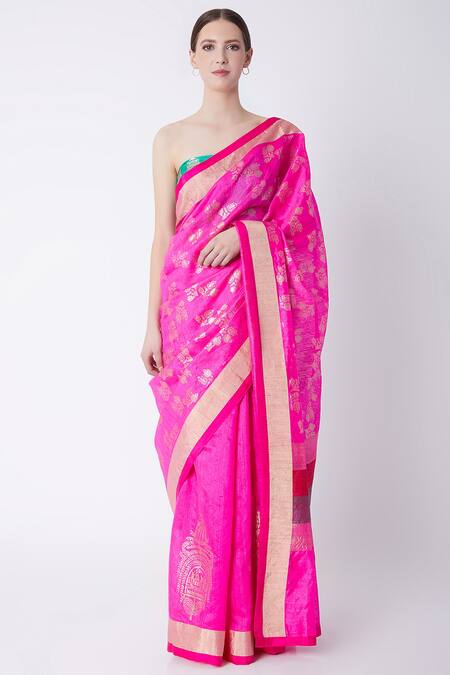 Masaba_Green Banarasi Floral Print Saree With Unstitched Blouse Fabric_Online_at_Aza_Fashions