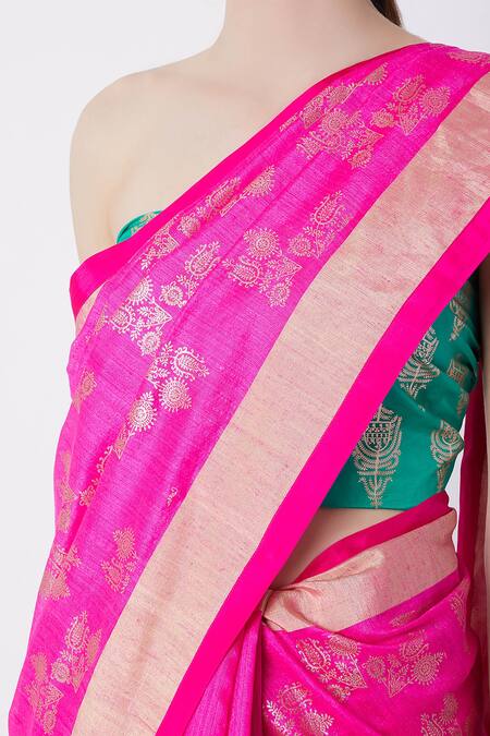 Buy_Masaba_Green Banarasi Floral Print Saree With Unstitched Blouse Fabric_Online_at_Aza_Fashions