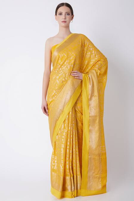 Masaba_Yellow Banarasi Printed Saree_Online_at_Aza_Fashions