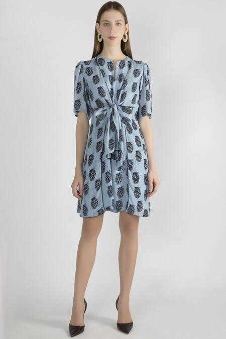 Masaba_Blue Crepe Tie-up Printed Dress_Online_at_Aza_Fashions
