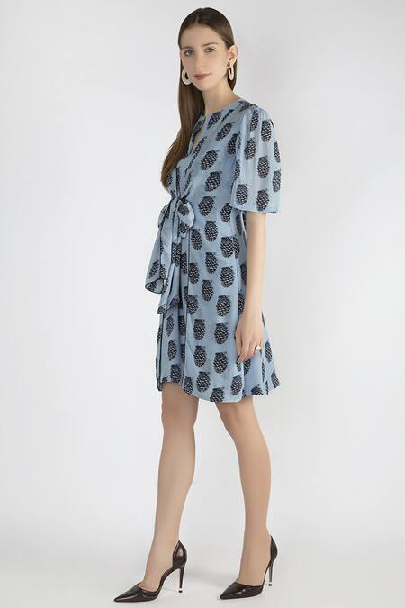 Buy_Masaba_Blue Crepe Tie-up Printed Dress_Online_at_Aza_Fashions