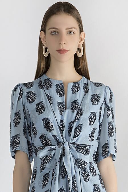 Shop_Masaba_Blue Crepe Tie-up Printed Dress_Online_at_Aza_Fashions