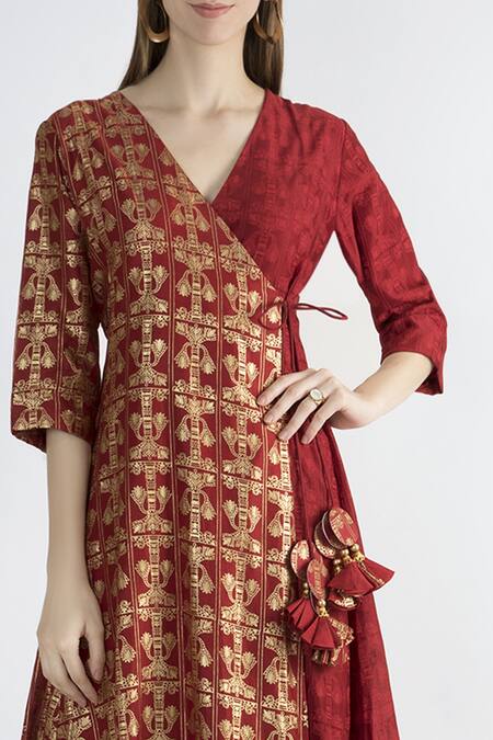 Masaba_Red Chanderi Anarkali Set_Online_at_Aza_Fashions