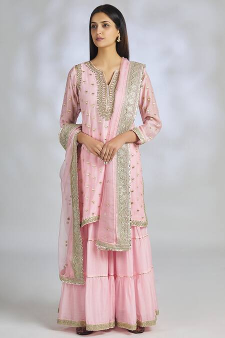 Gopi Vaid_Pink Chanderi Embroidered Kurta Set_Online_at_Aza_Fashions