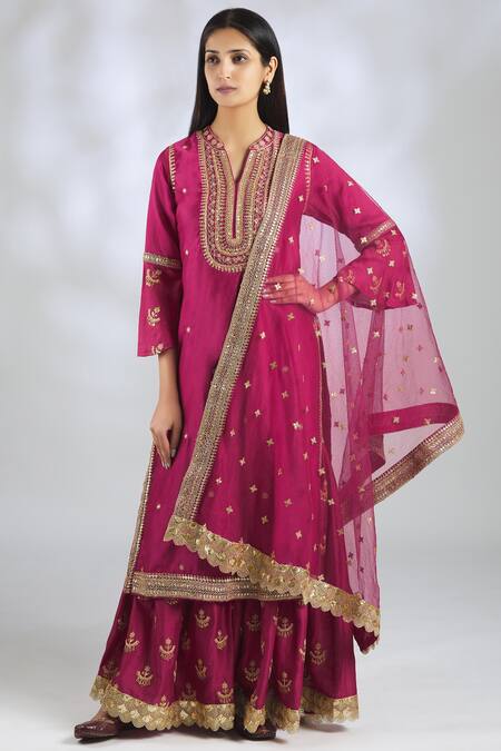 Gopi Vaid_Pink Net, Chanderi Band Collar Embroidered Kurta Set_Online_at_Aza_Fashions