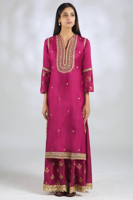 Buy_Gopi Vaid_Pink Net, Chanderi Band Collar Embroidered Kurta Set_Online_at_Aza_Fashions
