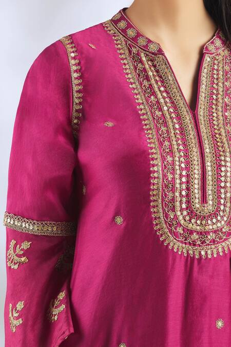 Gopi Vaid_Pink Net, Chanderi Band Collar Embroidered Kurta Set_at_Aza_Fashions