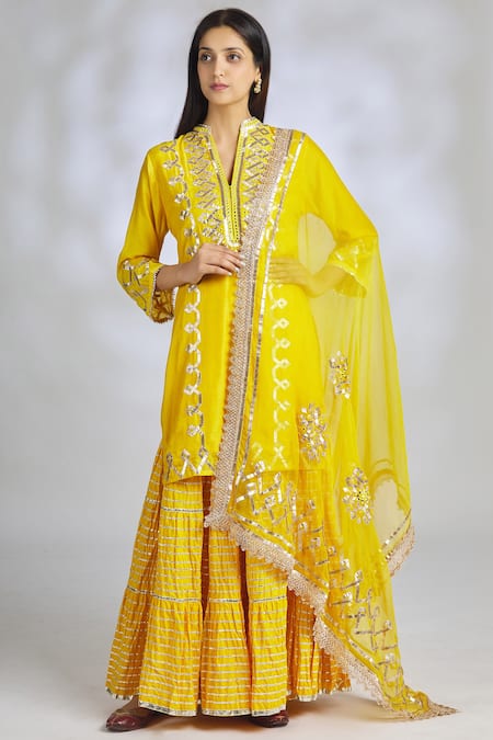 Gopi Vaid_Yellow Cotton, Chiffon, Tussar Silk Band Collar Embellished Kurta Set_Online_at_Aza_Fashions