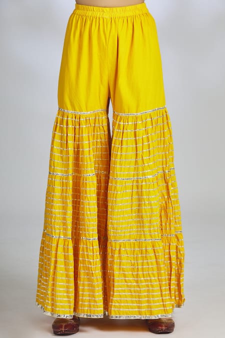 Shop_Gopi Vaid_Yellow Cotton, Chiffon, Tussar Silk Band Collar Embellished Kurta Set_Online_at_Aza_Fashions