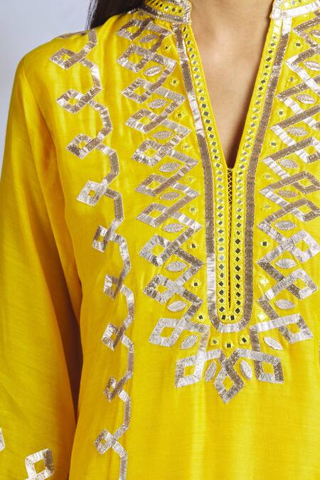 Gopi Vaid_Yellow Cotton, Chiffon, Tussar Silk Band Collar Embellished Kurta Set_at_Aza_Fashions