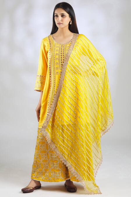 Gopi Vaid_Yellow Tussar Silk Embellished Kurta Set_Online_at_Aza_Fashions