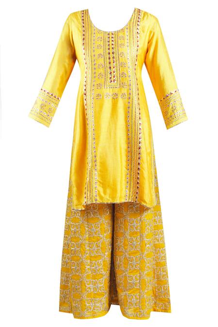 Buy_Gopi Vaid_Yellow Tussar Silk Embellished Kurta Set_Online_at_Aza_Fashions