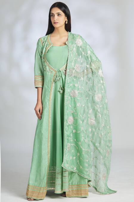 Gopi Vaid_Green Chanderi Anarkali With Dupatta_Online_at_Aza_Fashions