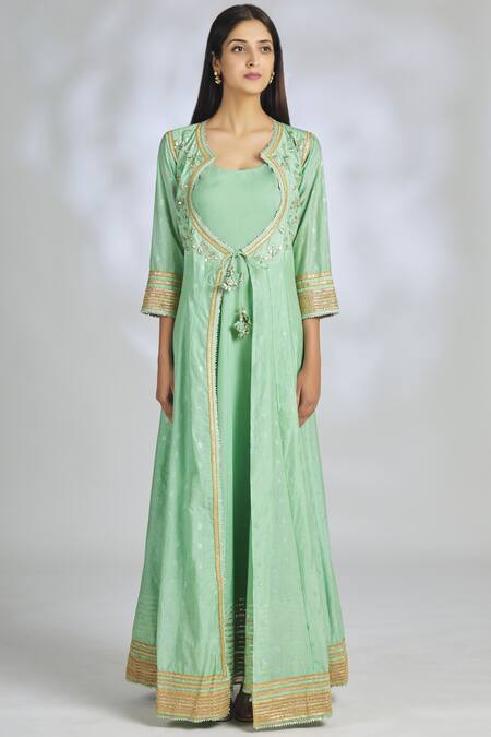 Buy_Gopi Vaid_Green Chanderi Anarkali With Dupatta_Online_at_Aza_Fashions