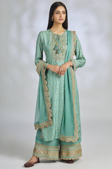 Gopi Vaid Green Chiffon, Tussar Silk, Linen Satin Round Embroidered Kurta Set
