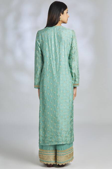 Shop Gopi Vaid Green Chiffon, Tussar Silk, Linen Satin Round Embroidered Kurta Set at Aza Fashions Shop_Gopi Vaid_Green Chiffon, Tussar Silk, Linen Satin Round Embroidered Kurta Set_at_Aza_Fashions