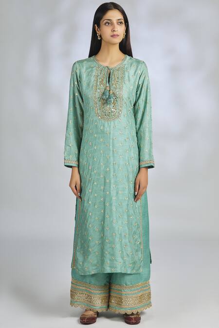 Buy Gopi Vaid Green Chiffon, Tussar Silk, Linen Satin Round Embroidered Kurta Set Online at Aza Fashions Buy_Gopi Vaid_Green Chiffon, Tussar Silk, Linen Satin Round Embroidered Kurta Set_Online_at_Aza_Fashions