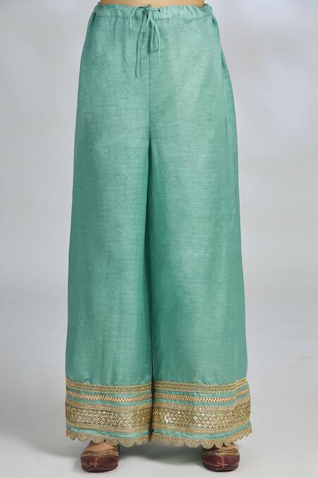 Shop Gopi Vaid Green Chiffon, Tussar Silk, Linen Satin Round Embroidered Kurta Set Online at Aza Fashions Shop_Gopi Vaid_Green Chiffon, Tussar Silk, Linen Satin Round Embroidered Kurta Set_Online_at_Aza_Fashions