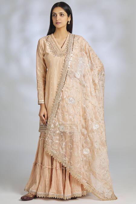 Gopi Vaid_Peach Chanderi Embroidered Kurta Set_Online_at_Aza_Fashions