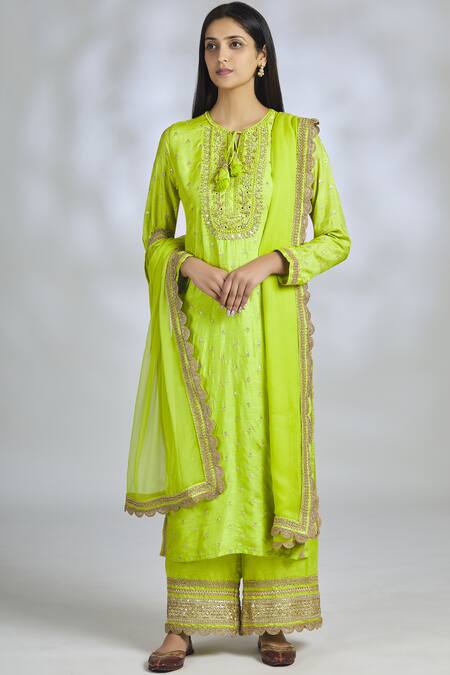 Shop Gopi Vaid Green Chiffon, Tussar Silk, Linen Satin Round Embroidered Kurta Set Online at Aza Fashions Shop_Gopi Vaid_Green Chiffon, Tussar Silk, Linen Satin Round Embroidered Kurta Set_Online_at_Aza_Fashions
