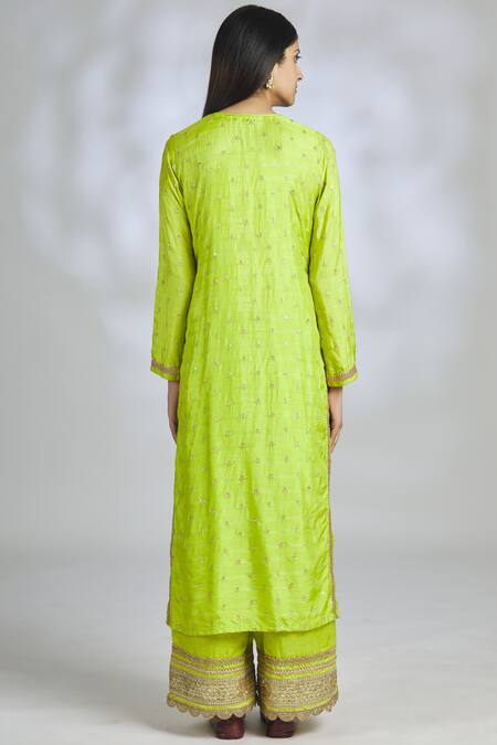 Shop Gopi Vaid Green Chiffon, Tussar Silk, Linen Satin Round Embroidered Kurta Set at Aza Fashions Shop_Gopi Vaid_Green Chiffon, Tussar Silk, Linen Satin Round Embroidered Kurta Set_at_Aza_Fashions